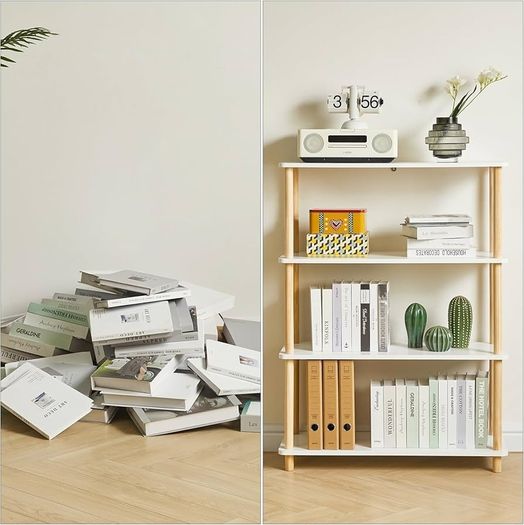 4 Tier Wooden Open Bookcase Modern Freestanding Bookshelf Storage Organizer,Multifunctional Display Stand for Bedroom, Living Room and Home Office, Storage Cabinet,White