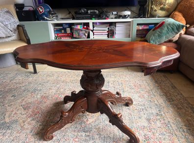 Mahogany Coffee Table with Inlaid Veneer & Carved Pedestal Base