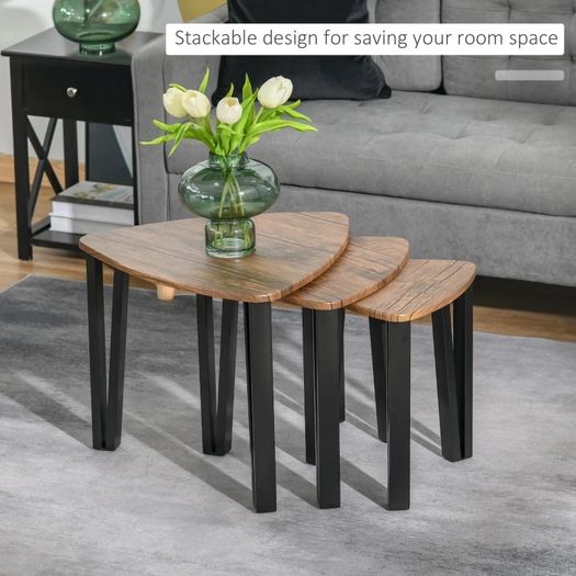 3 PCs Stackable Coffee Table Set Accent Furniture MDF Steel Frame Walnut (FREE POSTAGE)