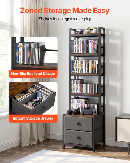 Media Storage Cabinet, 4-Shelf DVD Shelf Organizer with Drawers
