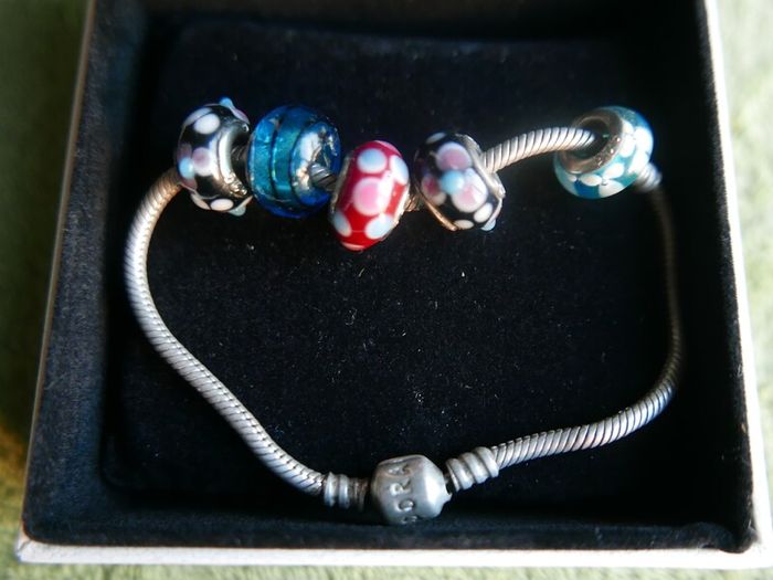 Authentic Pandora Charm Bracelet with 5 Charms Sterling Silver Designer Charm Bead Bracelet 14,5g