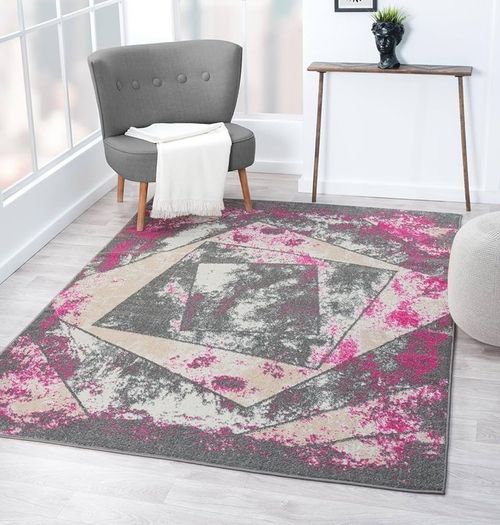 Living Room RUG - Short Pile, Bordered, Soft, Area Carpet for Bedroom & Home Decoration, Square Pattern Rugs, Contemporary, Small to Extra Large (Grey_Pink, 80 x 150 cm)
