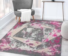Living Room RUG - Short Pile, Bordered, Soft, Area Carpet for Bedroom & Home Decoration, Square Pattern Rugs, Contemporary, Small to Extra Large (Grey_Pink, 80 x 150 cm)