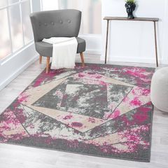 Living Room RUG - Short Pile, Bordered, Soft, Area Carpet for Bedroom & Home Decoration, Square Pattern Rugs, Contemporary, Small to Extra Large (Grey_Pink, 80 x 150 cm)