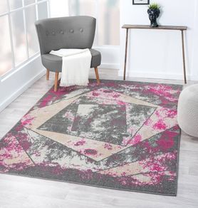 Living Room RUG - Short Pile, Bordered, Soft, Area Carpet for Bedroom & Home Decoration, Square Pattern Rugs, Contemporary, Small to Extra Large (Grey_Pink, 80 x 150 cm)