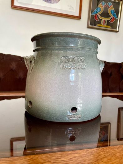 Handcrafted Kiltrea Bridge Pottery Stoneware Onion Crock Smooth Sage Green Glaze Embossed Onion Crock