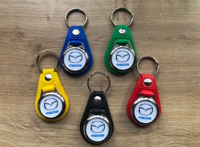 Brand new synthetic leather Mazda key ring with shopping trolley token/coin