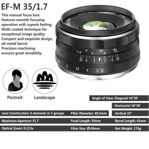 09732 35mm F/1.7 Large Aperture HD MC Manual Prime Fixed Lens APS-C for Canon EF-M Mount