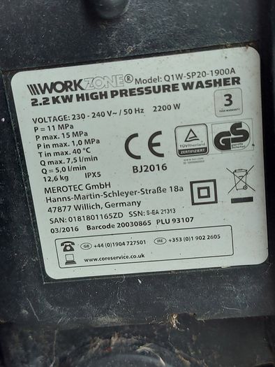 WORKZONE 2200W High Pressure Washer, Model Q1W-SP20-1900A, working great and in excellent condition