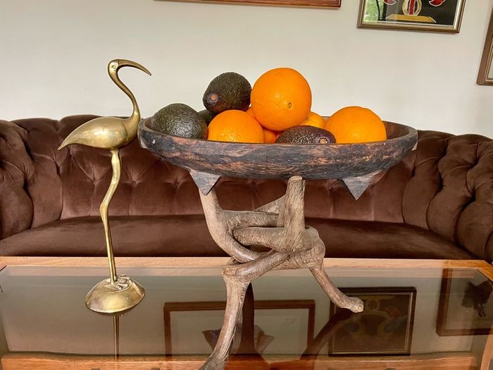 Unique Vintage Wooden African Tribal Art Decor Hand made bowl on Tripod folding Stand