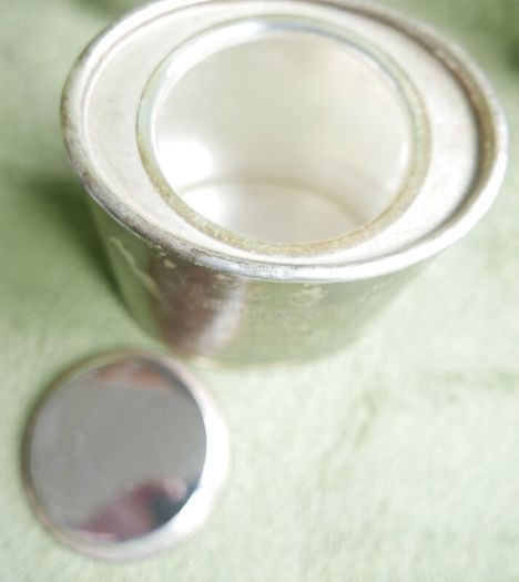 Vintage English Breakfast Tea  Engraved Round Silver Plated Container