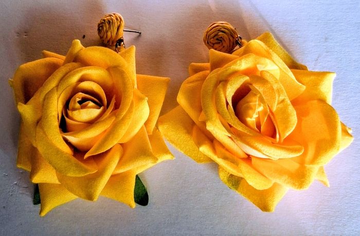 Realistic Yellow Extravagant Rose with Raffia Woven Stud Earrings