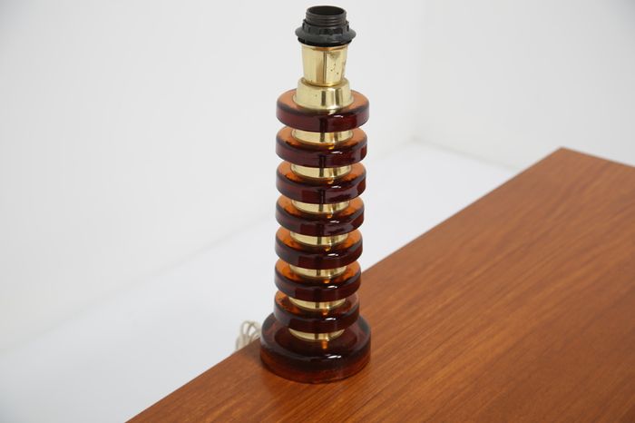 Vintage Swedish Amber Glass & Brass Table Lamp by MAE Lighting, 1960s.