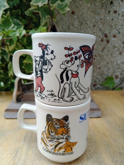 Carrigaline pottery, Pair promotional mugs, vintage advertising, 1980s, 1970s