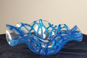 Studio Art Glass Coral Network Bowl Signed Blue Fused Glass Centerpiece