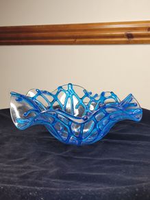 Studio Art Glass Coral Network Bowl Signed Blue Fused Glass Centerpiece