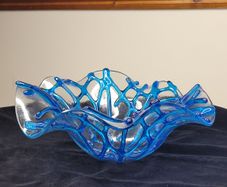 Studio Art Glass Coral Network Bowl Signed Blue Fused Glass Centerpiece