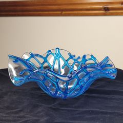 Studio Art Glass Coral Network Bowl Signed Blue Fused Glass Centerpiece