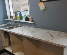 White Marble-Effect Kitchen Worktop with Stainless Steel Sink & Taps