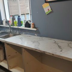 White Marble-Effect Kitchen Worktop with Stainless Steel Sink & Taps