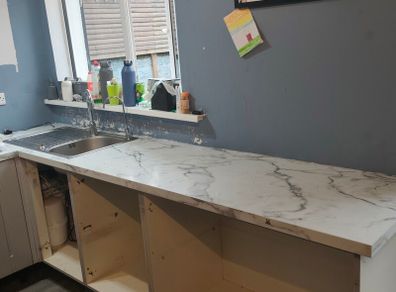 White Marble-Effect Kitchen Worktop with Stainless Steel Sink & Taps