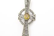 Vintage Celtic Filigree Silver Citrine Cross Brooch