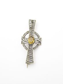 Vintage Celtic Filigree Silver Citrine Cross Brooch