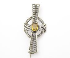 Vintage Celtic Filigree Silver Citrine Cross Brooch
