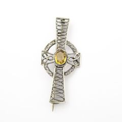 Vintage Celtic Filigree Silver Citrine Cross Brooch