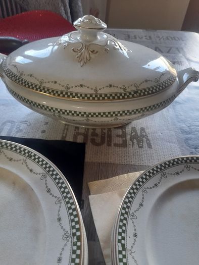 18 Piece of Antique Delf including 2 Lidded Tureen, 2 Platter Plates, Gravy Boat and Plates