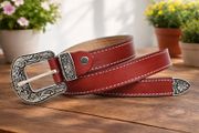 Genuine Leather Cowboy Cowgirl Belt Western Vintage Engraved Buckle Belt