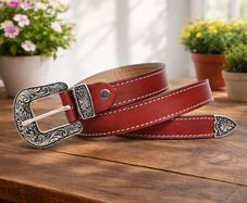 Unisex Premium Red Genuine Leather Belt Vintage Engraved Silver Buckle