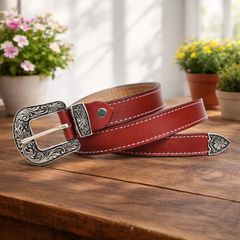 Unisex Premium Red Genuine Leather Belt Vintage Engraved Silver Buckle