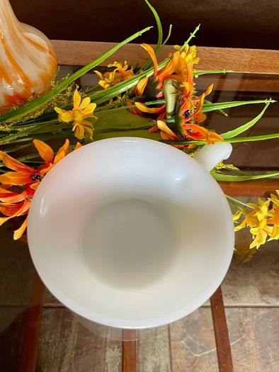 Vintage Mid Century Anchor Hocking Fire King Ovenproof Milk Glass Bowl with Handle 1960 1970s