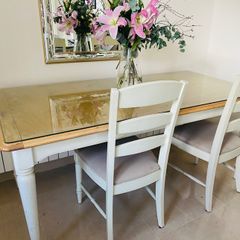 Dining table and six chairs - cream and wood finish