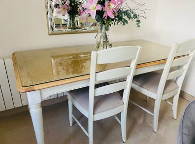 Dining table and six chairs - cream and wood finish