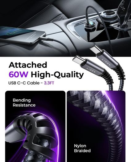 Car Charger Adapter USB C 54W 12V USB Socket [USBC 36W+USBA 18W] 60W USB C Cable PD3.0 Car Phone Charger Cigarette Lighter USB Charger for iPhone 16 Pro 16e Samsung S25 Ultra Car Accessories