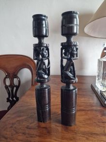 2 hand carved ebony candlesticks