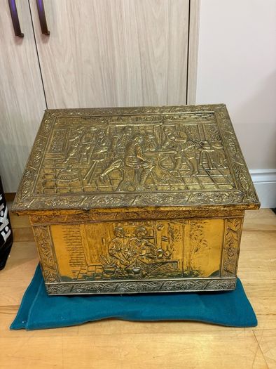 Vintage antique embossed brass fireside log box, coal box