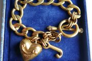 Juicy Couture Logo Heart J Charms Gold Tone Chain Link Toggle Clasp Bracelet 8"