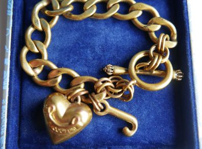 Juicy Couture Logo Heart J Charms Gold Tone Chain Link Toggle Clasp Bracelet 8"