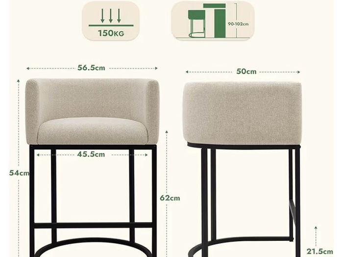 Height Bar Stools Set of 2, 24 Inch Seat Height Barstools for Dining Room, Fabric Upholstered Bar Chair for Kitchen Island, Linen Counter Stools with Metal Legs, Beige