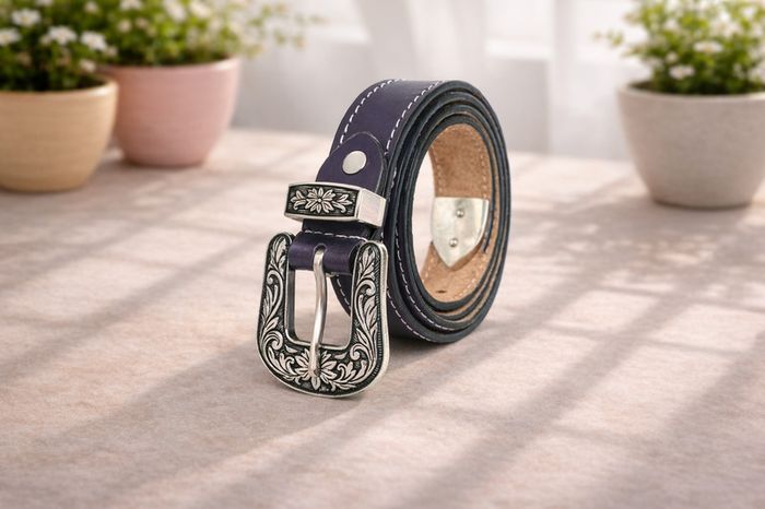 Unisex Premium Purple Genuine Leather Belt Vintage Engraved Silver Buckle
