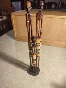 3 Vintage Hand Carved African Pencil Thin Tall Hand Painted Figures 12.5"