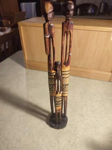 3 Vintage Hand Carved African Pencil Thin Tall Hand Painted Figures 12.5"