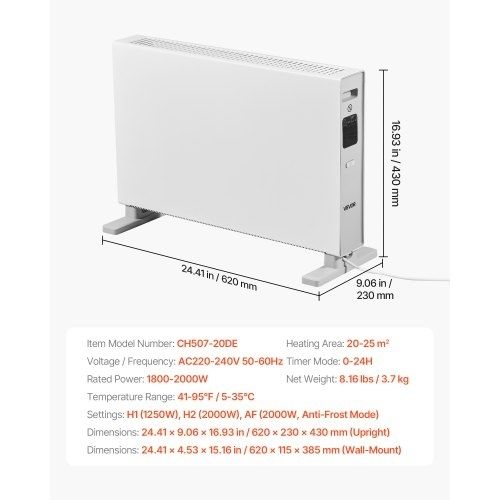 Convection Panel Heater, 2000W Electric Panel Space Heater with Remote & Touch Control, 3 Modes, 24H Timer, Stand or Wall Mount Design with Anti-Tipping & Overheat Protection for Home and Office