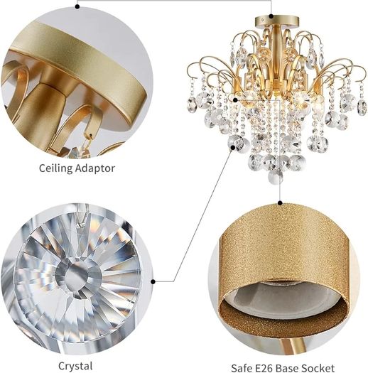 Crystal Chandelier Flushmount Ceiling Light Modern Lighting Fixture for Bedroom Hallway Bar Kitchen Bathroom, H 45 x W 50, E14 Base, Gold