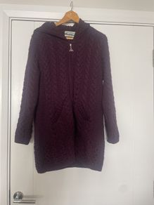 Aran Crafts Damson Marino Wool Hooded Cardigan /Coat