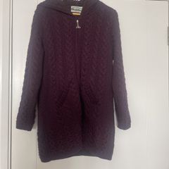 Aran Crafts Damson Marino Wool Hooded Cardigan /Coat