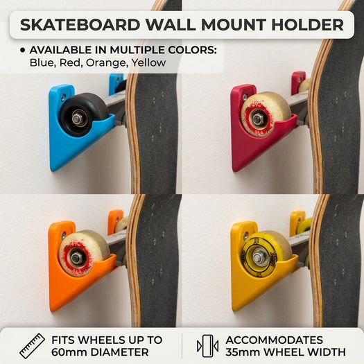 3D Printed Skateboard Wall Mount Holder - Multiple Colours